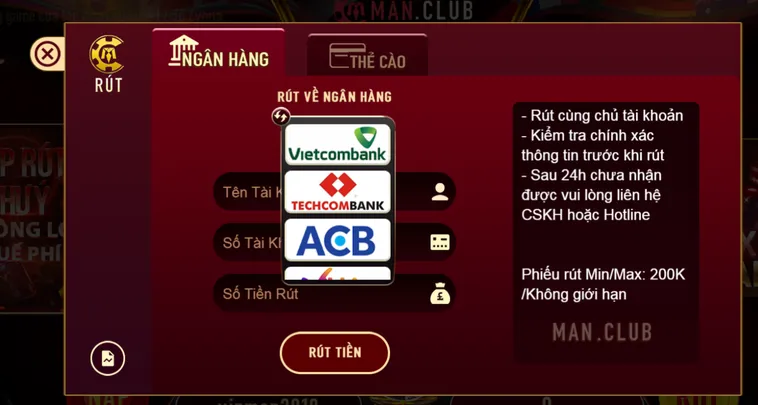 Rút Tiền ManClub Nhanh Chóng An Toàn Qua Tài Khoản Ngân Hàng Cho Game Thủ